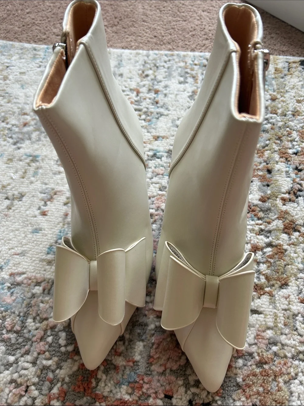 Bow-Trim Cream Pointed-Toe Ankle Booties